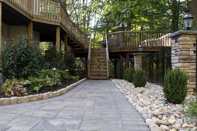 Large elegant backyard concrete paver patio photo in Philadelphia with a fire pit and no cover