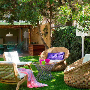 Idee per un grande patio o portico scandinavo dietro casa con un giardino in vaso e una pergola