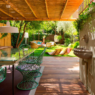 Immagine di un grande patio o portico nordico dietro casa con un giardino in vaso e una pergola