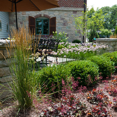 Inspiration for a mid-sized timeless backyard stone patio remodel in Milwaukee