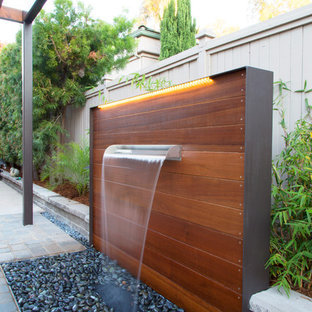 Immagine di un piccolo patio o portico design in cortile con fontane, pavimentazioni in cemento e una pergola