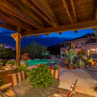 Idee per un patio o portico american style dietro casa con un giardino in vaso, piastrelle e un gazebo o capanno