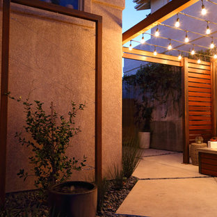 Immagine di un piccolo patio o portico minimalista in cortile con un focolare, lastre di cemento e una pergola