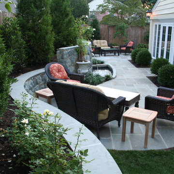 Flagstone Patio with Retaining Walls and Water Feature