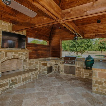Full Outdoor Kitchen, Fireplace, and Television with Large Sitting Area