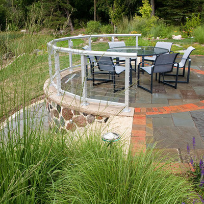 Example of a mid-sized trendy backyard stone patio design in Milwaukee