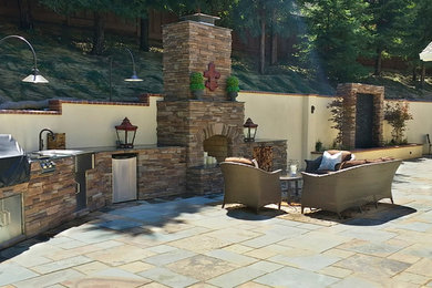 Green Rustic Natural Stone Patio with Outdoor Fireplace