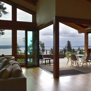 Esempio di un patio o portico minimalista dietro casa con un caminetto e un tetto a sbalzo