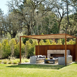 Immagine di un patio o portico contemporaneo di medie dimensioni e dietro casa con una pergola e un caminetto