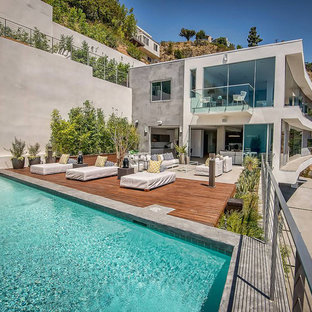 Ispirazione per un ampio patio o portico moderno dietro casa con un giardino in vaso, pedane e nessuna copertura