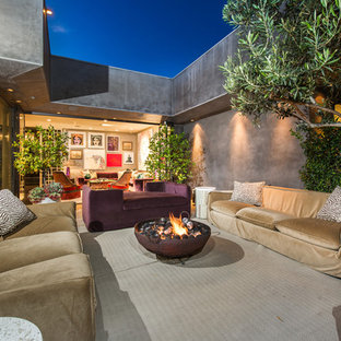 Foto di un grande patio o portico bohémian dietro casa con un focolare, nessuna copertura e lastre di cemento