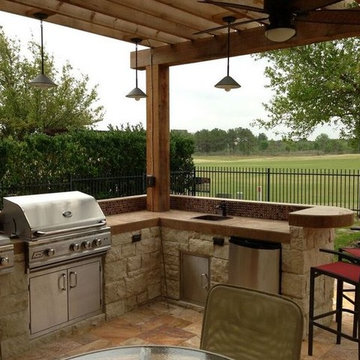 Houston Patio Addition With Double Pergola, Outdoor Kitchen & Travertine Tile