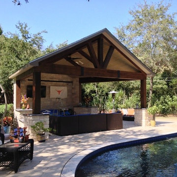 Houston poolside cabana with timberframe construction