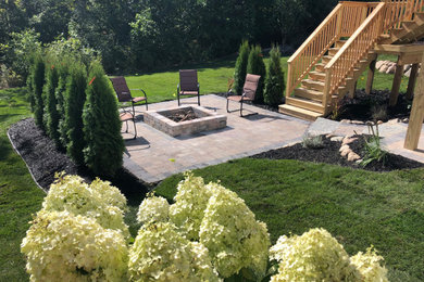 Small mountain style backyard brick patio photo in Detroit with a fire pit and no cover