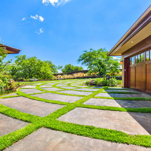 Ispirazione per un patio o portico tropicale di medie dimensioni e davanti casa con pavimentazioni in cemento