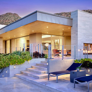 Foto di un ampio patio o portico moderno dietro casa con un caminetto, pavimentazioni in pietra naturale e un tetto a sbalzo