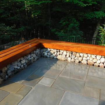 Ipe Bench capping River rock gabions