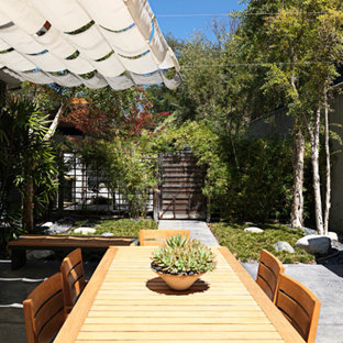 Patio - asian patio idea in Los Angeles with an awning