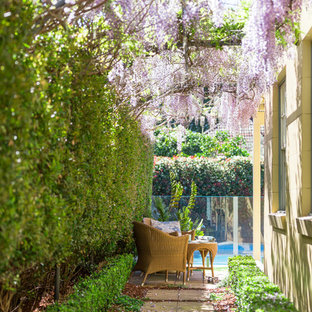 Esempio di un piccolo patio o portico mediterraneo nel cortile laterale con pavimentazioni in cemento e una pergola