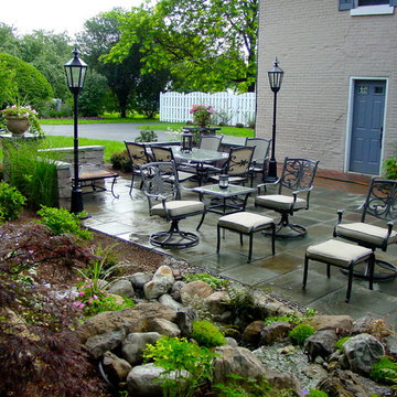 Landscape Design with Stone & Brick Patio, Pondless Waterfall, Led Lighting