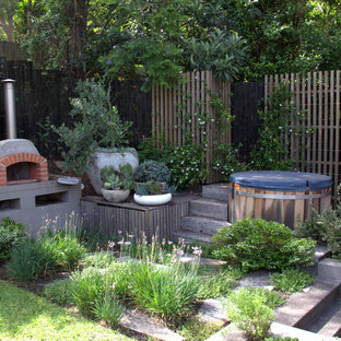 Inspiration for a contemporary backyard patio in Sydney with with fireplace and no cover.