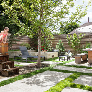 Esempio di un piccolo patio o portico moderno dietro casa con un focolare e pavimentazioni in cemento