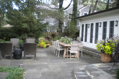 This is an example of a medium sized traditional back patio in Chicago with natural stone paving and no cover.