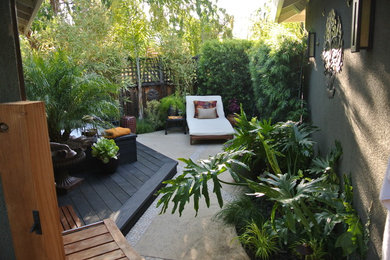 Patio - small tropical backyard patio idea in San Francisco with decking