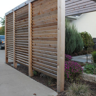 Ispirazione per un patio o portico american style dietro casa con un focolare e una pergola