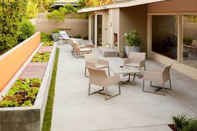 Cette image montre une terrasse vintage avec un foyer extérieur, une dalle de béton et aucune couverture.