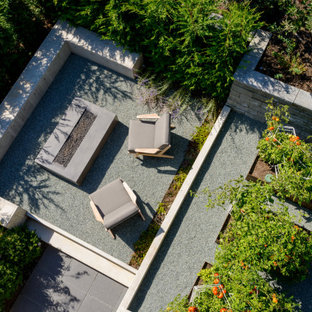 Foto di un patio o portico moderno di medie dimensioni e dietro casa con un focolare, graniglia di granito e un tetto a sbalzo