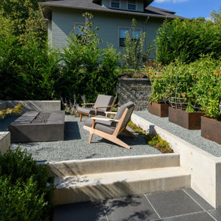 Ispirazione per un patio o portico moderno di medie dimensioni e dietro casa con un focolare, graniglia di granito e un tetto a sbalzo