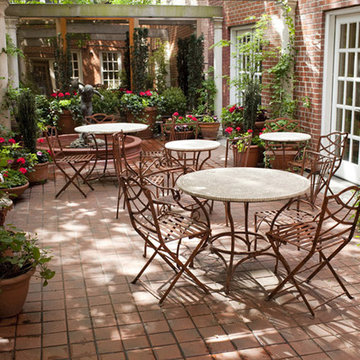 Manhattan Courtyard Garden Design: Mediterranean Patio, Bistro Tables, Fountain,