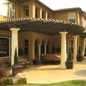 Mediterranean garden with stone pathways.