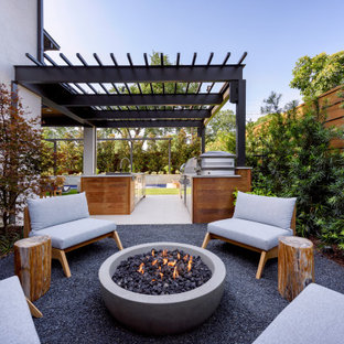 Esempio di un patio o portico minimal di medie dimensioni e dietro casa con un focolare e un tetto a sbalzo