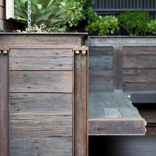 Immagine di un piccolo patio o portico industriale in cortile con un giardino in vaso, pedane e una pergola