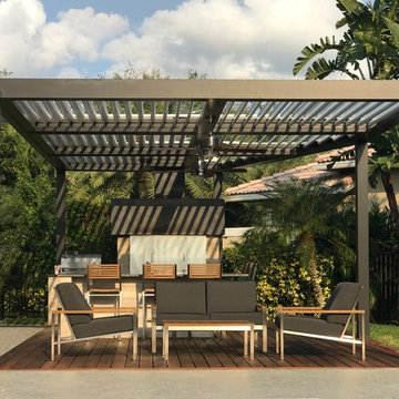 Modern Altimate Pergola over outdoor kitchen, chimney, ceiling fans, LED Lights
