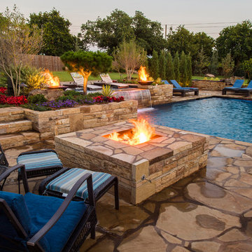 Modern Geometric Pool with Fire Features and Sun Shelf