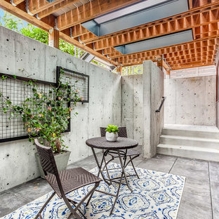 Foto di un patio o portico industriale di medie dimensioni e dietro casa con lastre di cemento e un tetto a sbalzo