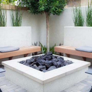 Modern Square Fire Pit and Bench Area