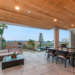 Esempio di un grande patio o portico minimalista dietro casa con pavimentazioni in cemento e un tetto a sbalzo