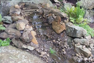 Inspiration for a small rustic back garden in New York with a water feature.