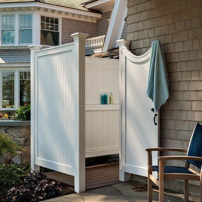 Outdoor patio shower - large coastal backyard stone outdoor patio shower idea in Boston with no cover