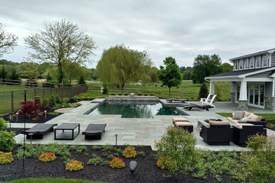 Example of a large transitional backyard stone patio design in Other with a roof extension