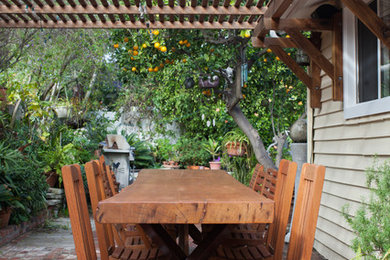Foto di un patio o portico stile rurale di medie dimensioni e dietro casa con un giardino in vaso, pavimentazioni in mattoni e una pergola