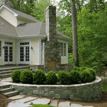 Outdoor Fireplace on Flagstone Patio with Stepping Stone Path