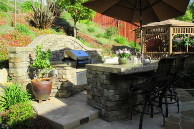 Mid-sized arts and crafts backyard concrete patio kitchen photo in San Diego with an awning