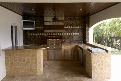 Inspiration for a mid-sized timeless backyard tile patio kitchen remodel in Miami with a roof extension