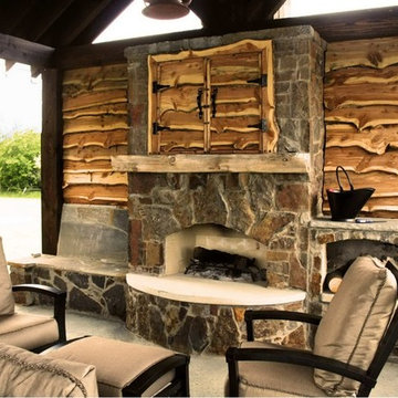 Outdoor living, fireplace, stone benches