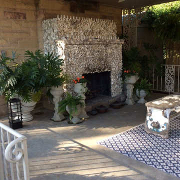 Outdoor living oyster shell fireplace